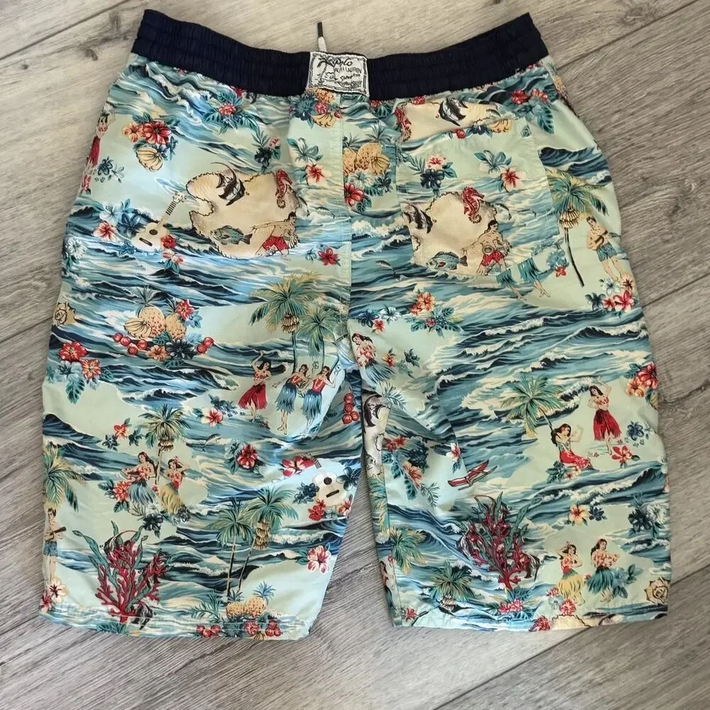 Polo Ralph Lauren Boys Drawstring Blue Swim Trunks Extra Large 18-20 Hawaiian